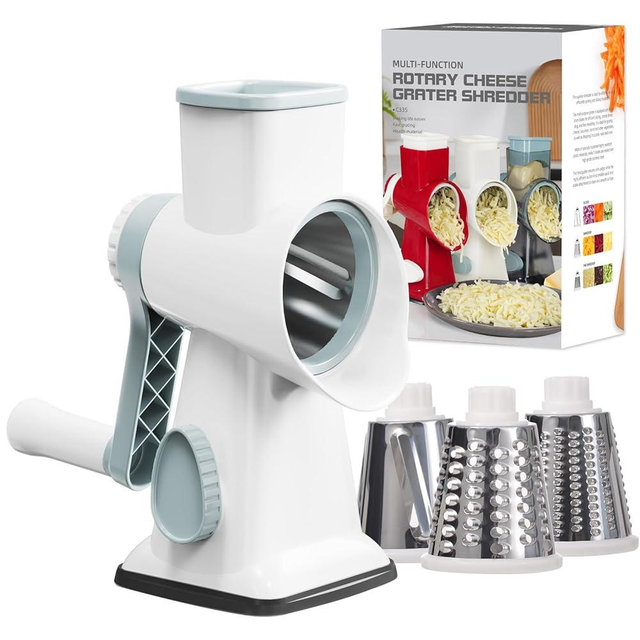 Cheese Grater Cheese Shredder with 3 Interchangeable Blades, Rotary Cheese Grater Manual Vegetable Slicer with Non-slip Suction Base Peanut Nuts Grinder Vegetable Shredder White