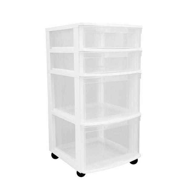 Gracious Living Resin Clear 4 Drawer Storage Chest System with Removable Rolling Casters for Garage, Basement, Utility Room, and Laundry Room, White
