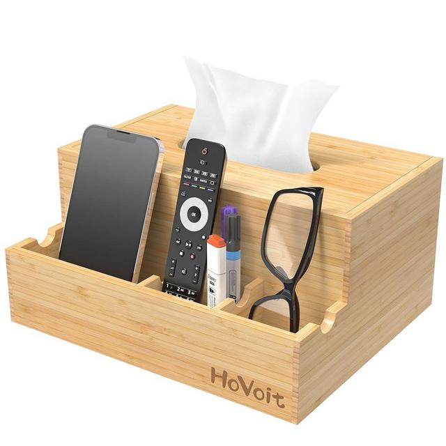 HoVoit Bamboo Tissue Box Holder, Tissue Box Cover Rectangular, Nightstand Organizer Desk Dresser Makeup Organizer Multifunction Tissue Storage Box for Women, Bedside Table, Bathroom, Office