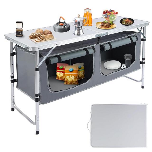 Pnbfhn Outdoor Folding Table, Camping Table with Storage Organizer, Portable Aluminum Composite Panel Lightweight Table, 3 Adjustable Height, for Indoor, BBQ, Party, Picnic, Camping, Hiking, Beach
