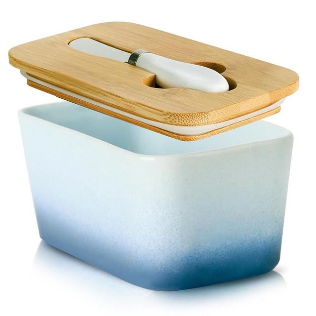 Hasense Ceramic Butter Dish with Lid and Knife, Large Butter Dish with Cover, Airtight Butter Holder for Countertop Freezer, Stylish Butter Keeper Container Kitchen Gift, Gradient Light Blue