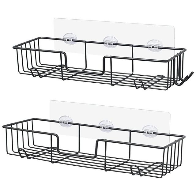 AmazerBath Shower Caddy Shelf with Hooks, No Drilling Adhesive Shower Shelf for Bathroom Storage, Rustproof Stainless Steel Shower Organizer Wall Mounted, 2 Pack, Black 