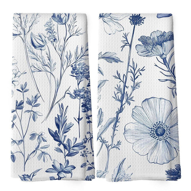 shiviody Vintage Blue Floral Kitchen Towels - Blue and White Chinoiserie Flower Dish Towels, Wildflower Decorative Absorbent Dishcloths Hand Towels Set of 2 for Kitchen Bathroom Decor 16x24 Inches