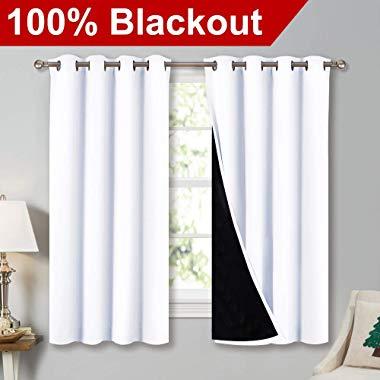 NICETOWN White 100% Blackout Lined Curtains, 2 Thick Layers Completely Blackout Window Treatment Thermal Insulated Drapes for Kitchen/Bedroom (1 Pair, 52" Width x 63" Length Each Panel)