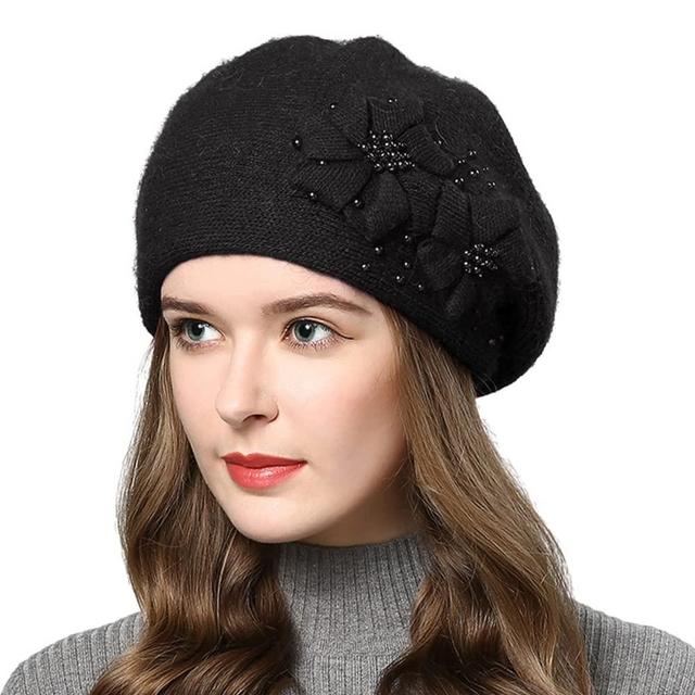 Rabbit Fur Beret Hat French Beret Cap Winter Warm Flowers Pearls Beanie Artist Painter Hat for Women Lady