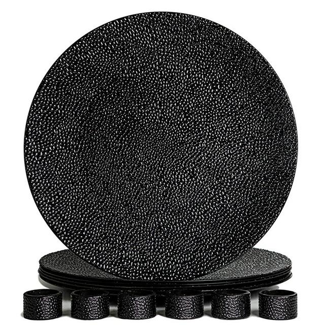 Rickion Charger Plates and Napkin Rings, Set of 6, Black Chargers for Dinner Plates – Unique, Elegant, Bubble Plate Chargers & Matching Napkin Rings – Thick, Reusable PP Plastic