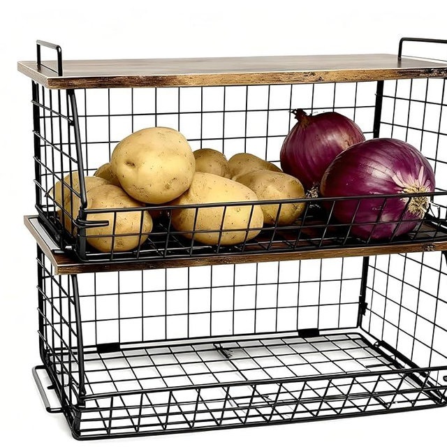 XIANKE 2 Pack Extra Large Pantry Organizers and Storage Stackable Trash Bag Holder,Laundry Room Organizers Basket with Wood Top,Wall Mount Large Standard Garbage Bag Dispenser,Under Sink Organization