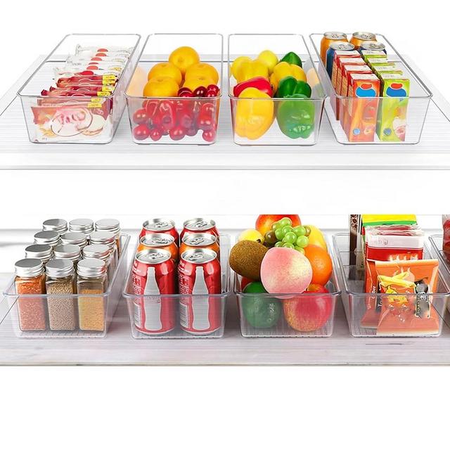 AIYULONG Set of 8 Clear Pantry Organizer Bins,4 Pack Stackable Fridge Organizer And 4 Pack Refrigerator Organizers and Storage with 3 Dividers,BPA-Free Spice Organization for Kitchen Cabinet