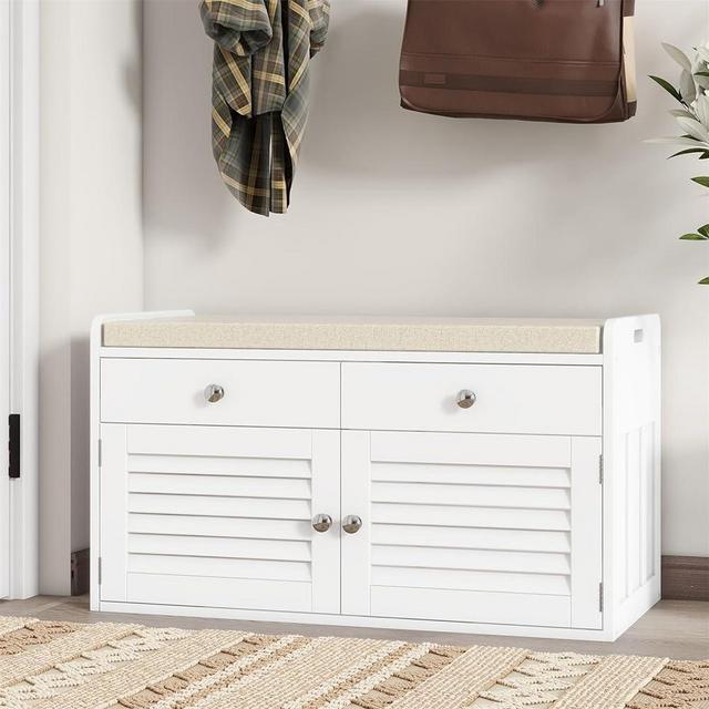 WARMHONIU Shoe Storage Bench with 2 Drawers & 2 Door Cabinet, Entryway Bench with Shoe Storage, Shoe Bench with Cushion, Adjustable Shelves, Shoe Rack Bench for Entryway, Hallway, Bedroom, White