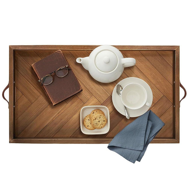 Extra Large Ottoman Tray Rectangle, 32"x18" Wooden Ottoman Trays with Leather Handles, Rustic Decorative Storage Tray for Ottoman