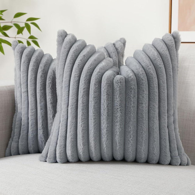 decorUhome Faux Fur Throw Pillow Covers 20x20 Set of 2, Decorative Soft Plush Striped Couch Pillow Covers with Velvet Back for Sofa, Bed, Living Room, Grey