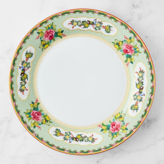 Famille Rose Dinner Plates, Set of 4, Green Rim