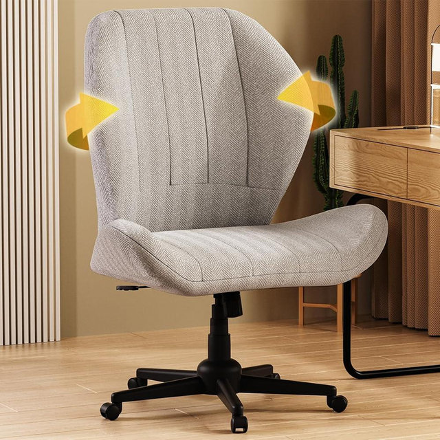 ZZW Criss Cross Chair with Wheels, Wide Cross Legged Office Chair Armless Comfy Desk Chair with Tall Back Vanity Chairs with Stress Relief Curved Design Seat for Bedroom & Office & Home Grey