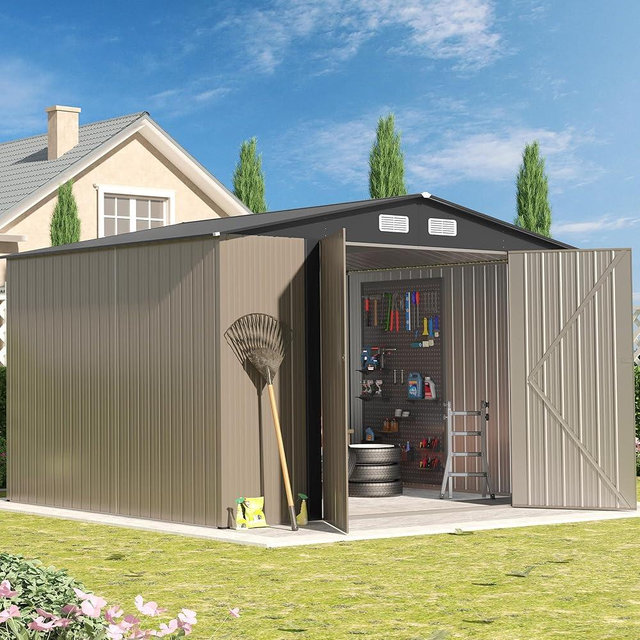 Quinora 8×10 FT Metal Shed Outdoor with Peaked Roof, Weather Resistant Outdoor Storage Shed with Lockable Double Doors for Backyard, Patio Lawn, Garden