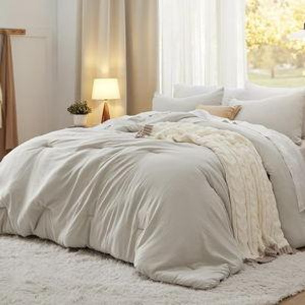 Bedsure Oversized Queen Size Comforter Set, Beige Soft Prewashed Bedding for All Seasons, 3 Pieces GentleSoft™ Down Alternative Bed Set, 1 Lightweight Comforter (98"x98") and 2 Pillowcases (20"x26")