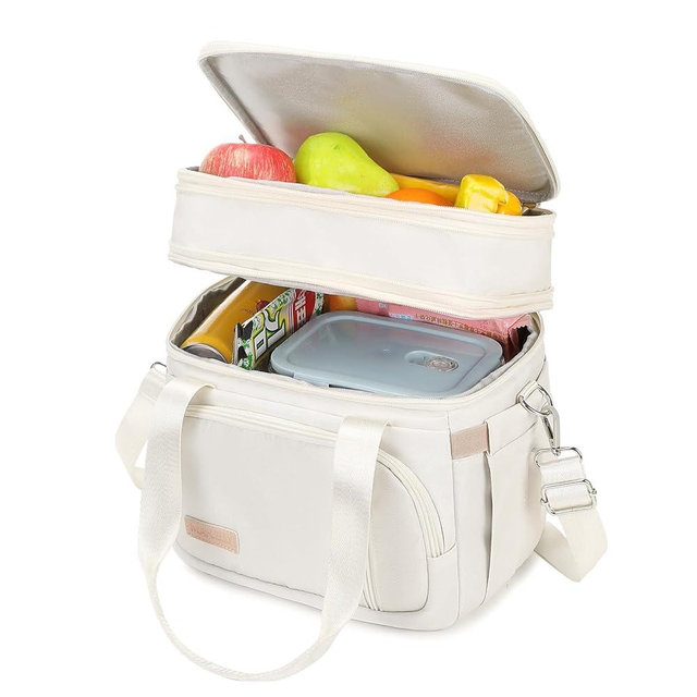MAPLELILY Lunch Box for Men Women - Double Deck Insulated Lunch Bag, Large Leak Proof Tote Cooler, Wide Open Dual Compartment Lunch Bags with Shoulder Strap, For Work Picnic Hiking Beach, Beige