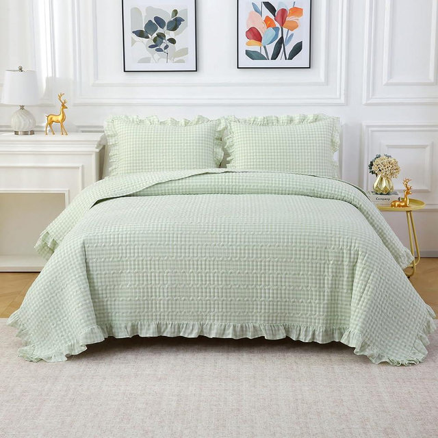 K MASANIJI Pile Green White Ruffle Gingham Quilt Set Queen Size with Pillow Shams, 100% Washed Cotton Yarn-Dyed Quilted Bedspread Bedding Set (Pile Green, Queen)