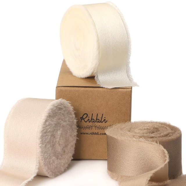 Ribbli Ivory Champagne Silk Satin Ribbon 1 Inch x 30 Yard Handmade Frayed Chiffon Ribbon for Gift Wrapping Wedding Invitations Bridal Bouquets Home Decor
