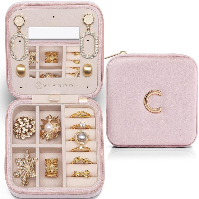 Vlando Travel Essentials for Women Jewelry Box, Travel Accessories for Teen Girl Trendy Stuff, Necklace Organizer Earrings Ring Organizer, Travel Must Have Jewelry Organizer - Letter C, Pink