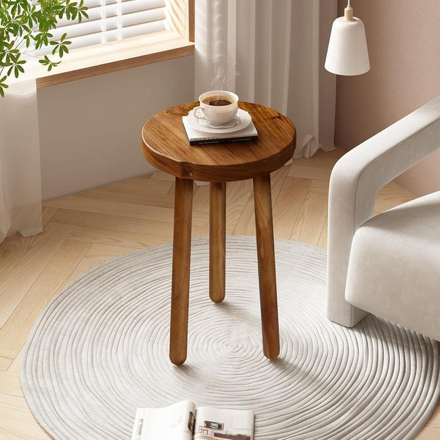 JOLLYMER 11.8" Round 18" Tall Wood Plant Stand | Teak Wood Accent Stool | Accent Table |Side Table