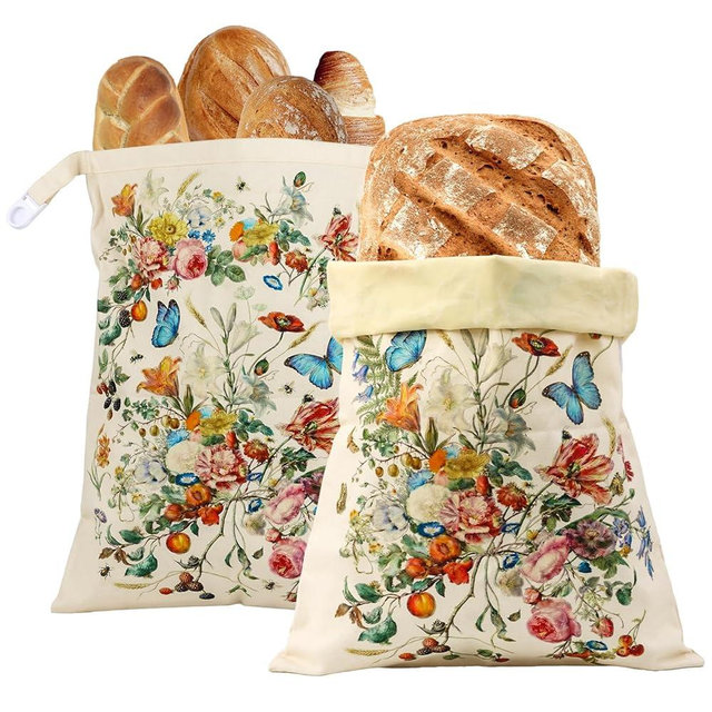 Tolvenza 2 Pack Beeswax Bread Bags for Sourdough and Homemade Bread, XL 17x13in Reusable Cotton Storage Bags, Botanical Print Double-Layer with Beeswax Lining, Easy to Clean Artisan Bread Keeper | Keeps loaves soft, Protects fresh bake, Flexible usage, Secure buckle seal, Freezer compatible, Simple roll-top
