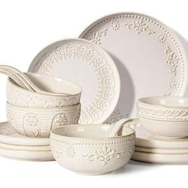 Artena Plates And Bowls Sets, 16 Pieces Dinnerware Sets, Dish Set For 4, Ceramic Kitchen Bowl And Plate Set, Embossed White Dishware Sets, Dishwasher & Microwave Safe (Multiple Patterns)