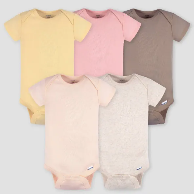 Gerber Baby 5pk Short Sleeve Onesie - Pink Newborn: Cotton Knit Bodysuits, Crew Neck, Crotch Snap