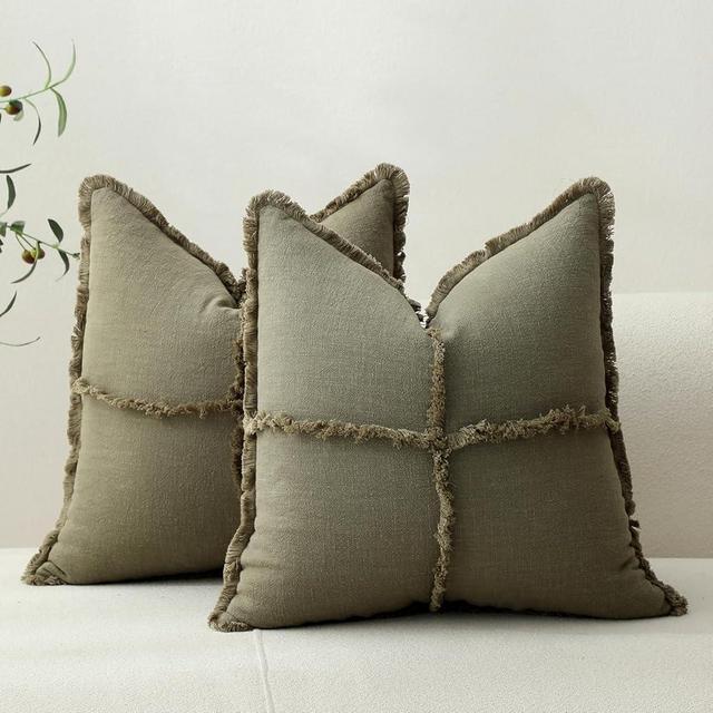 Hckot Green Spring Throw Pillow Covers Linen Fringed Cozy Boho Farmhouse Decorative Cushion Cover with Tassels Soft Accent Neutral Pillowcase for Couch Chair Sofa Bed Home Decor,Green