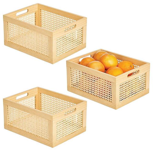 mDesign Small Decorative Wooden Crate Storage Box, Rustic Pine Wood Organizer Bin Basket w/Built-In Handles for Kitchen Pantry, Cupboard, Cabinet - Home Sort Collection - 3 Pack - Natural Pine