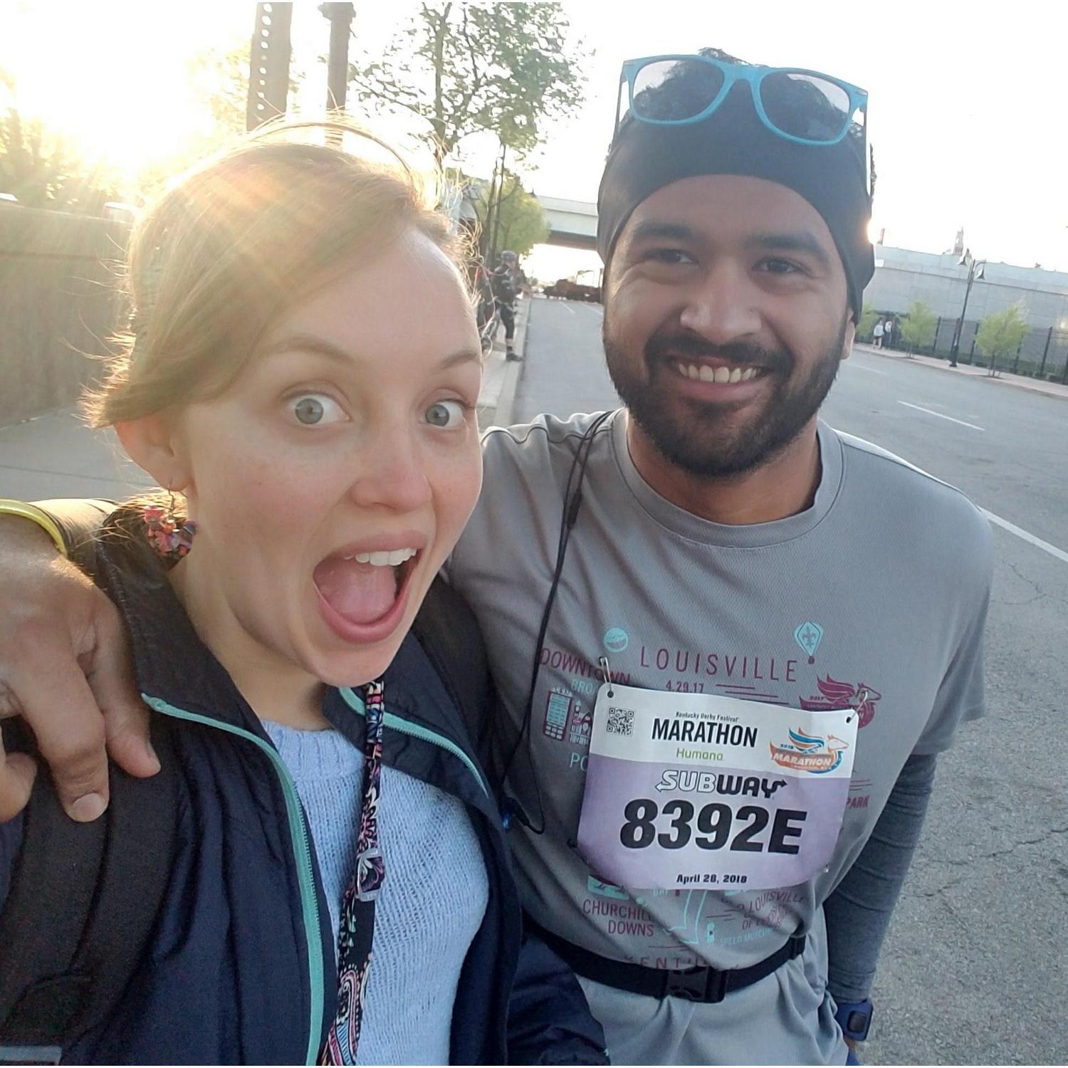 In the spring of 2018, Adwait ran his first (and hopefully only!?) marathon in Louisville. Here we are right before the race started.