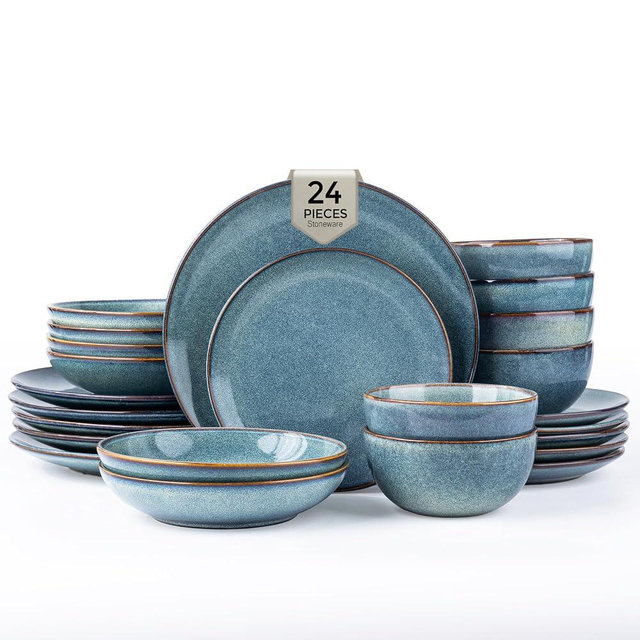 GBHOME 24 Pieces Double Bowls Dinnerware Sets for 6, Stoneware Plates and Bowls Set with Reactive Glaze, Scratch Resistant Stoneware Dishes Set, Dishwasher & Microwave Safe