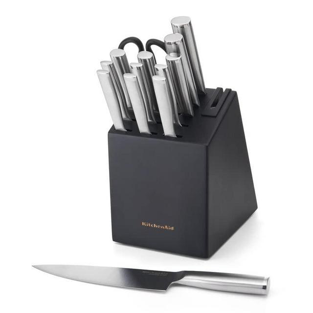 KitchenAid Gourmet Forged Triple Rivet Knife Block Set with Built-in Knife Sharpener, High-Carbon Japanese Stainless Steel Kitchen Knives, Sharp Kitchen Knife Set with Block, 14 Piece, Black