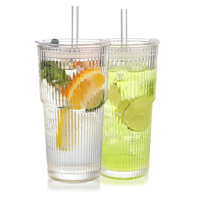 WeirdUncle Set of 2 Ribbed Glass Tumbler with Lids and Straws, 20oz Vintage Clear Glass cups, Large capacity, Unbreakable, Fluted Design, Ideal for Travel, Iced Coffee,Smoothie, Tea, Latte, Gift