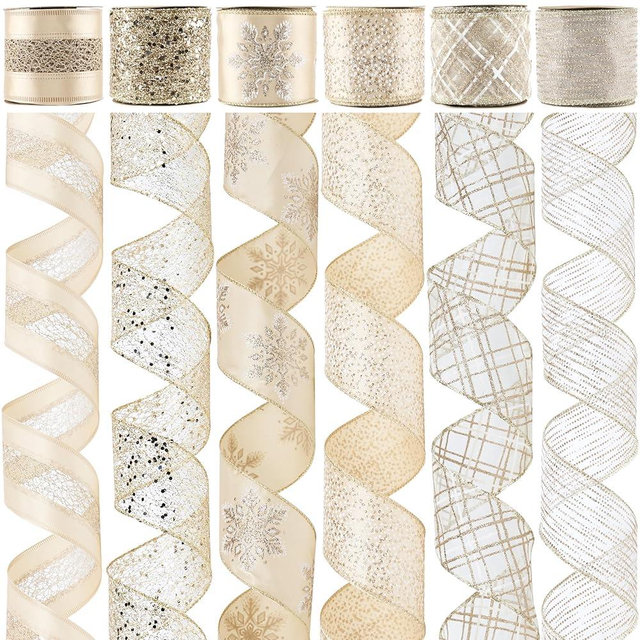 MAYREEL Champagne Christmas Ribbon Wired 2.5 Inch Champagne Gold Ribbon for Christmas Trees Wreaths Tree Toppers Crafts Home Decor Gift Wrapping 6 Rolls Total 36 Yards