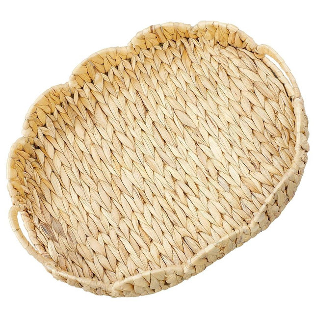 Coeusy 16.5'' Wicker Scalloped Tray,Rattan Serving Trays with Handles,Water Hyacinth Basket for Decorative & Organizing,Elliptical Woven Ottoman Tray for Living Room,Coffee Tables,Bathroom