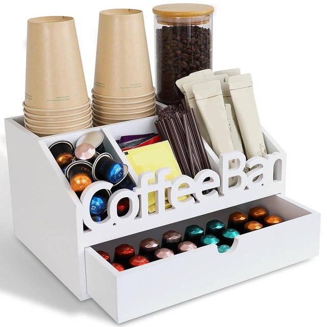 ADDFIT HOUSE Coffee Bar Organizer for Countertop – Wooden Coffee Station with Drawer, Tea and K Cup Storage Condiment Rack, Coffee Pod Holder for Home and Office Organization (Drawer - White)