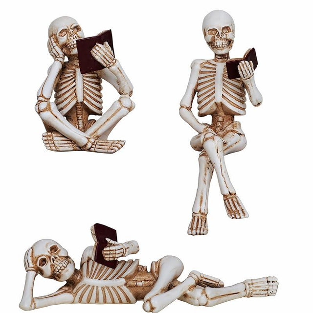 Dlfghos 3 Pieces Halloween Skeleton Statue Halloween Skull Figurine Home Decor Reading Skeleton Figurines Decorations for Indoor Fireplace Home Kitchen Desk Office Party