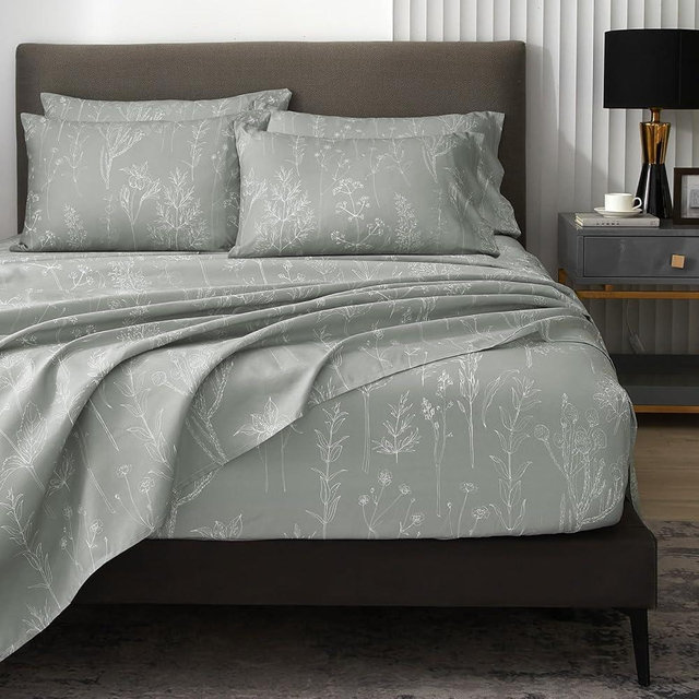 HYPREST 6 Piece King Size Sheets Set, Floral Sheets Grey Patterned Sheets Deep Pocket up to 18 inches