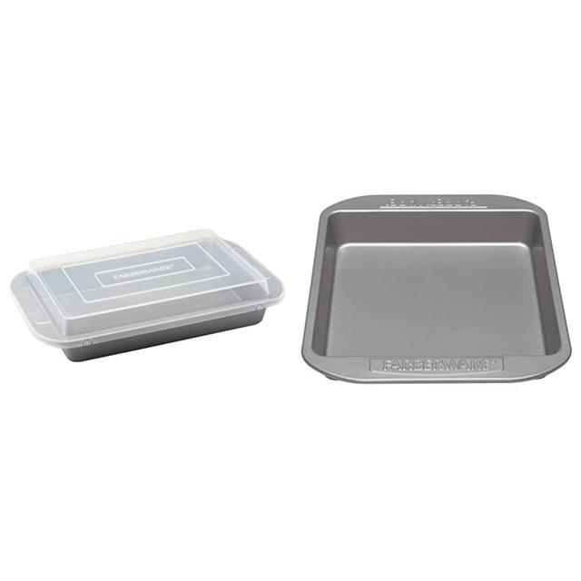 Farberware Nonstick Bakeware Baking Pan With Lid/Nonstick Cake Pan With Lid, Rectangle - 9 Inch x 13 Inch, Gray & Nonstick Bakeware Nonstick Baking Pan/Nonstick Cake Pan, Square - 9 Inch, Gray