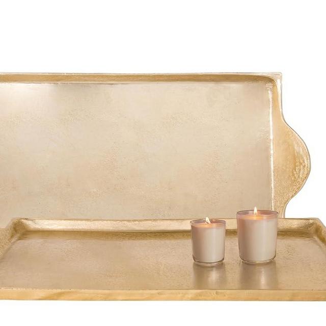 Decorative Gold Trays by Objet D’Art, Adrian Beaufort Rectangular Bar Tray for Living Room, Ottoman and Coffee Table, Trays for Candles, Liquor, and Centerpieces, 25 x 13”, Set of 2