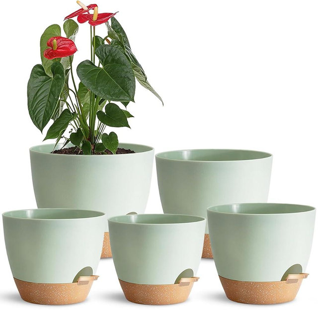 Indoor Plant Pots With Drainage Holes and Saucers Planting Pots for All HousePlants Green Plastic Flower Pots with Drainage Hole Self Watering Plant Pot Gift Idea For Home Decor Succulent Pots