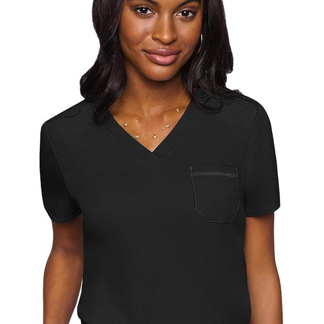 Med Couture Women's V-Neck Scrub Top, Modern Fit Tuck-in Top with Stretchy Rib-Knit Shoulders and Chest Pocket - MC7448