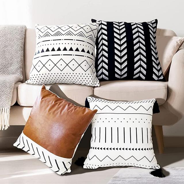 QIANHED Boho Throw Pillow Covers 18 x 18 Set of 4, Modern Geometric Farmhouse Pillowcases Black and White Faux Leather and Linen Cushion Case for Home Couch Decor