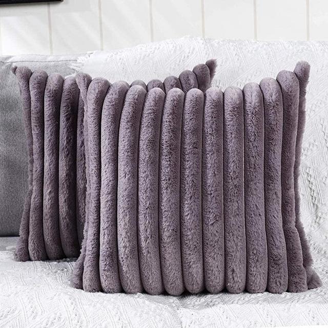 DEELAND Pack of 2 Faux Fur Plush Decorative Throw Pillow Covers Fuzzy Striped Soft Pillowcase Cushion Covers for Sofa Couch Bedroom 16x16 inch