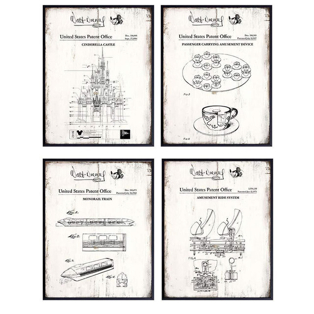 Disney Rides Wood Sign Replica Patent Art Prints - Vintage Wall Art Poster Set - Rustic Home Decor for Boys, Girls, Teens, Kids Room - Gift for Mickey Mouse, Disney World, Disneyland Fan, 8x10 Photo
