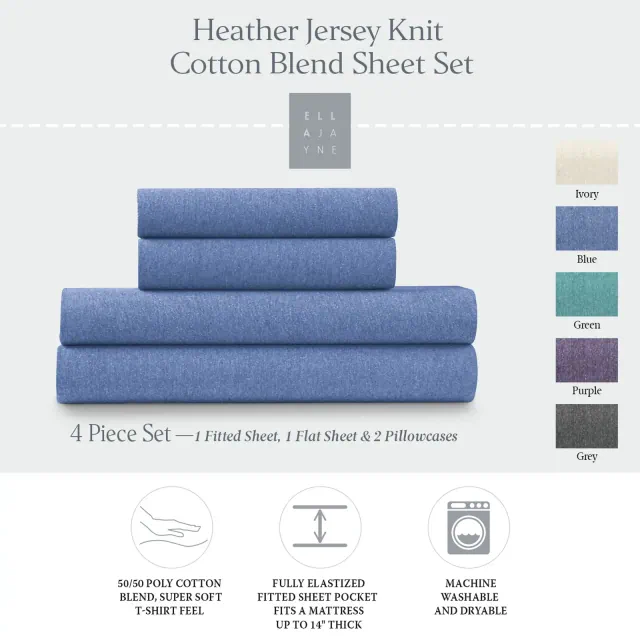 Ella Jayne Soft Heather Jersey Knit Sheet Set, 4pc, King, Blue
