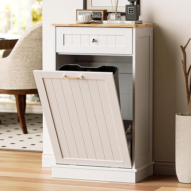 OUTGUAVA 13 Gallon Tilt Out Trash Cabinet Kitchen Waste Bins,50 Quart Laundry Hamper Tilt Out Pet Proof Hidden Trash Bin for Kitchen Living Room,White