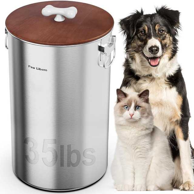 33-35 Lb Stainless Steel Dog Food Storage Container with Airtight Wooden Lid to Keep Fresh, Metal Dog Food Containers with Ceramic Handle, Easy Cleaning Pet Food Storage Containers, Cat Food Container