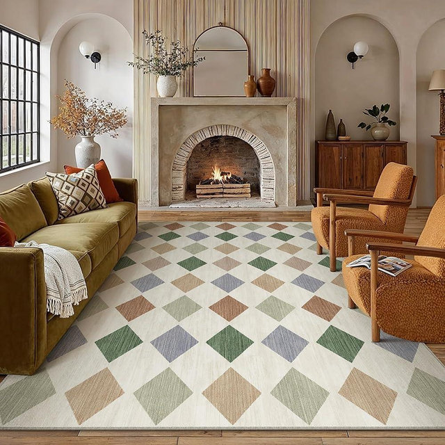 PureCozy 9x12 Checkered Area Rugs for Living Room Colorful Machine Washable Large Rug Non-Slip Stain Resistant Low Pile Boho Accent Indoor Throw Carpet for Bedroom Dining Room Home Aesthetic Decor