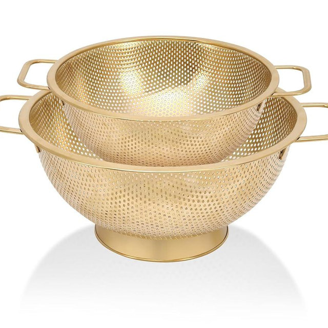2PCS Gold Strainer for Kitche, 3QT and 5QT, Stainless Steel Colander with Handle for Fruits Vegetables Cooking Food, Dishwasher Safe